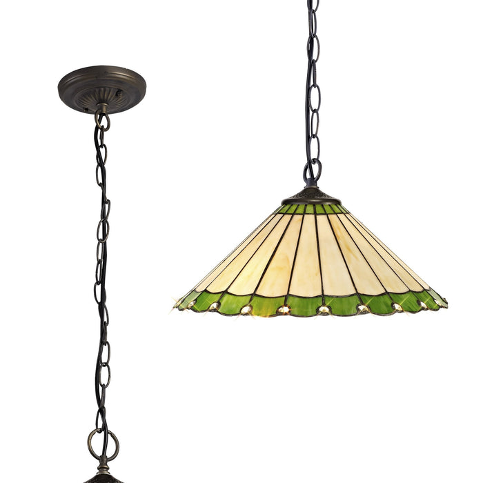 Nelson Lighting NLK02529 Umbrian 1 Light Down Lighter Pendant With 40cm Tiffany Shade Green/Chrome/Crystal/Aged Antique Brass