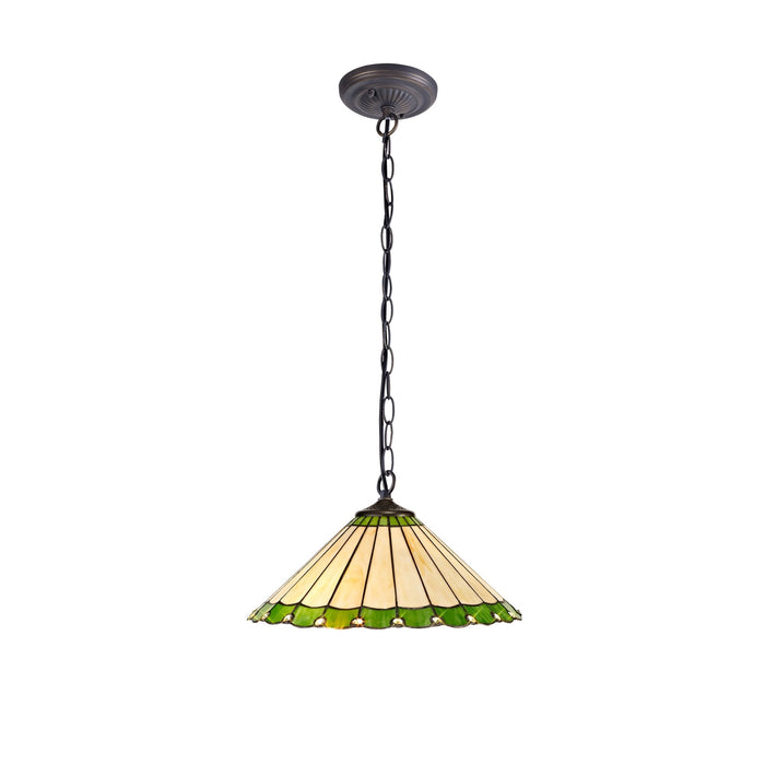 Nelson Lighting NLK02529 Umbrian 1 Light Down Lighter Pendant With 40cm Tiffany Shade Green/Chrome/Crystal/Aged Antique Brass