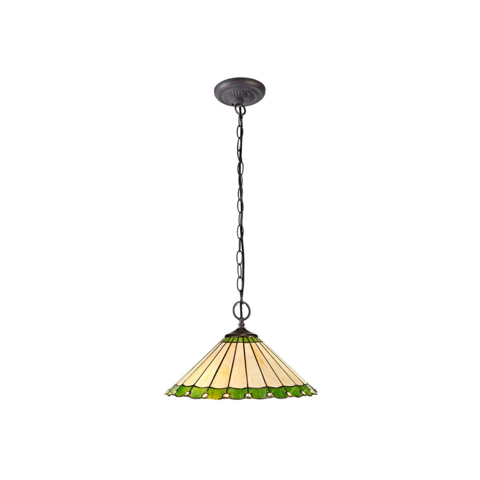 Nelson Lighting NLK02539 Umbrian 2 Light Down Lighter Pendant With 40cm Tiffany Shade Green/Chrome/Crystal/Aged Antique Brass