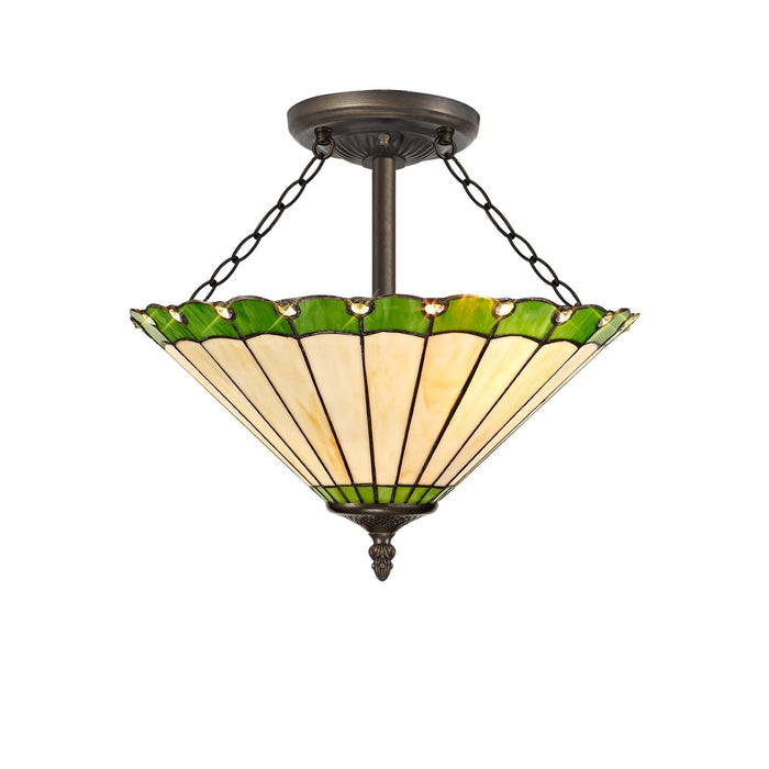 Nelson Lighting NLK02559 Umbrian 3 Light Semi Ceiling With 40cm Tiffany Shade Green/Chrome/Crystal/Aged Antique Brass