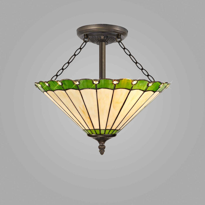 Nelson Lighting NLK02559 Umbrian 3 Light Semi Ceiling With 40cm Tiffany Shade Green/Chrome/Crystal/Aged Antique Brass