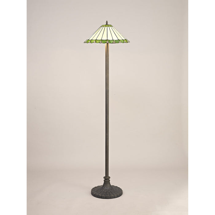 Nelson Lighting NLK02599 Umbrian 2 Light Stepped Design Floor Lamp With 40cm Tiffany Shade Green/Chrome/Crystal/Aged Antique Brass