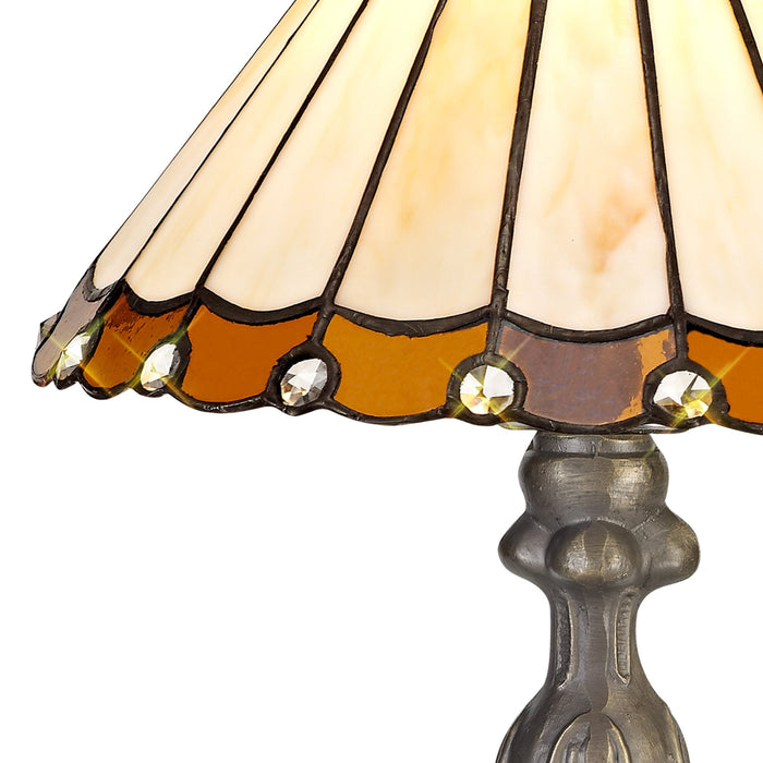 Nelson Lighting NLK02629 Umbrian 1 Light Curved Table Lamp With 30cm Tiffany Shade Amber/Chrome/Crystal/Aged Antique Brass