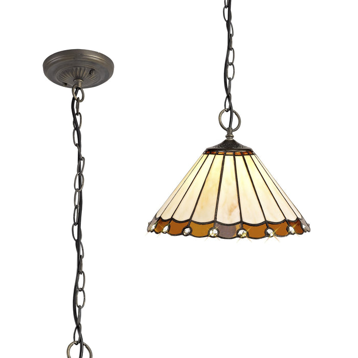 Nelson Lighting NLK02669 Umbrian 3 Light Down Lighter Pendant With 30cm Tiffany Shade Amber/Chrome/Crystal/Aged Antique Brass