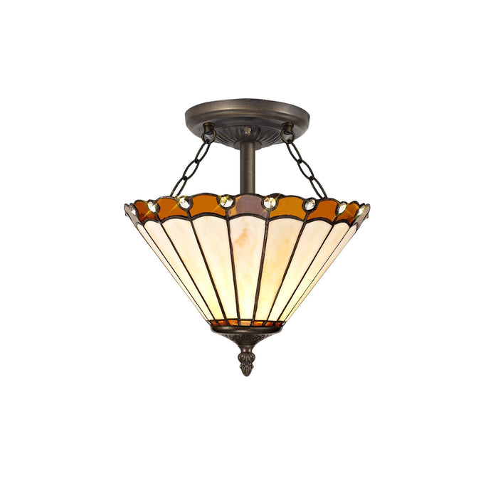 Nelson Lighting NLK02679 Umbrian 2 Light Semi Ceiling With 30cm Tiffany Shade Amber/Chrome/Crystal/Aged Antique Brass