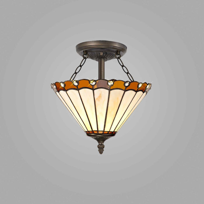 Nelson Lighting NLK02679 Umbrian 2 Light Semi Ceiling With 30cm Tiffany Shade Amber/Chrome/Crystal/Aged Antique Brass