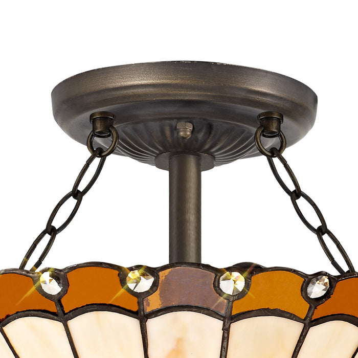 Nelson Lighting NLK02679 Umbrian 2 Light Semi Ceiling With 30cm Tiffany Shade Amber/Chrome/Crystal/Aged Antique Brass