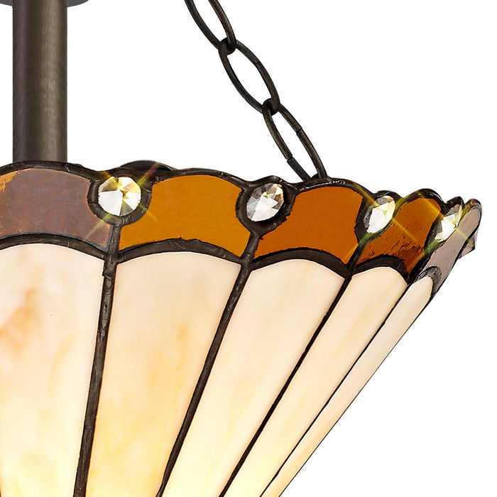 Nelson Lighting NLK02679 Umbrian 2 Light Semi Ceiling With 30cm Tiffany Shade Amber/Chrome/Crystal/Aged Antique Brass