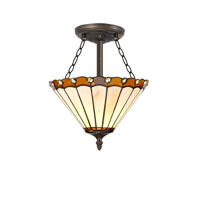 Nelson Lighting NLK02689 Umbrian 3 Light Semi Ceiling With 30cm Tiffany Shade Amber/Chrome/Crystal/Aged Antique Brass