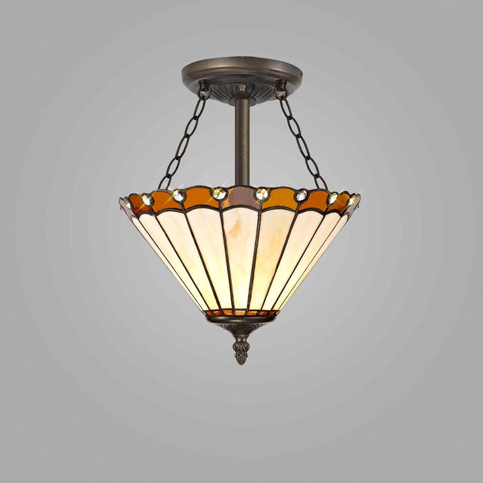 Nelson Lighting NLK02689 Umbrian 3 Light Semi Ceiling With 30cm Tiffany Shade Amber/Chrome/Crystal/Aged Antique Brass