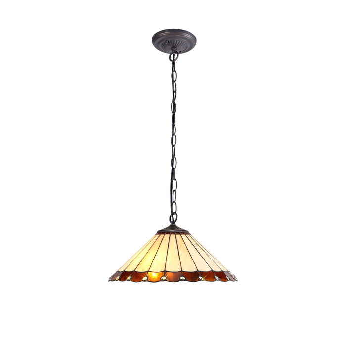 Nelson Lighting NLK02749 Umbrian 1 Light Down Lighter Pendant With 40cm Tiffany Shade Amber/Chrome/Crystal/Aged Antique Brass