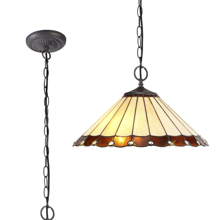 Nelson Lighting NLK02759 Umbrian 2 Light Down Lighter Pendant With 40cm Tiffany Shade Amber/Chrome/Crystal/Aged Antique Brass