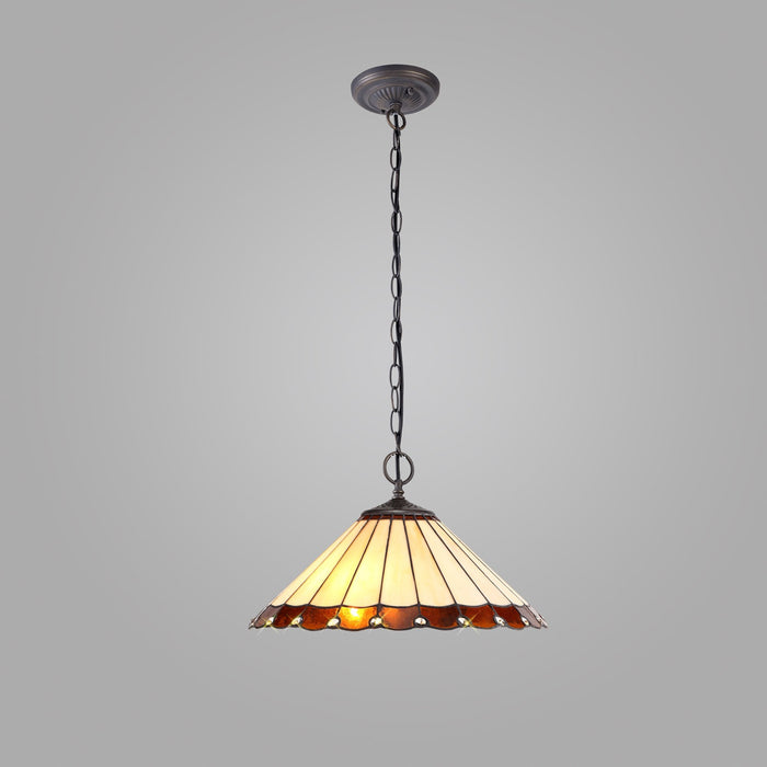 Nelson Lighting NLK02759 Umbrian 2 Light Down Lighter Pendant With 40cm Tiffany Shade Amber/Chrome/Crystal/Aged Antique Brass