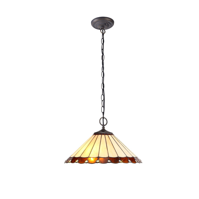 Nelson Lighting NLK02759 Umbrian 2 Light Down Lighter Pendant With 40cm Tiffany Shade Amber/Chrome/Crystal/Aged Antique Brass