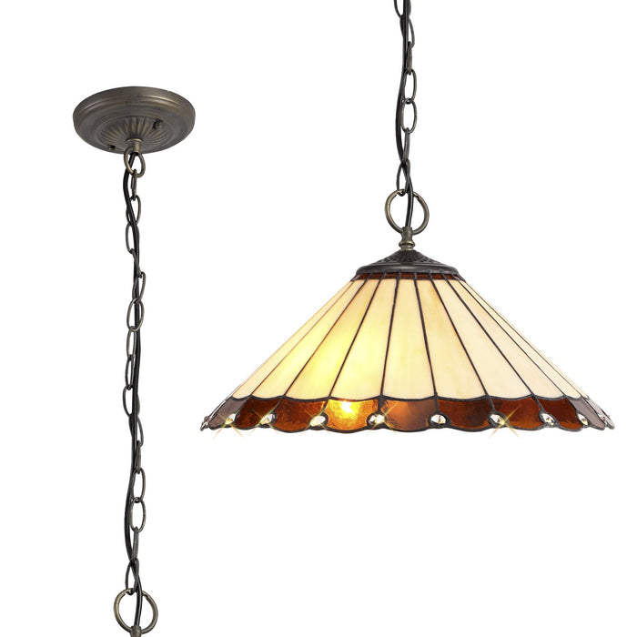 Nelson Lighting NLK02769 Umbrian 3 Light Down Lighter Pendant With 40cm Tiffany Shade Amber/Chrome/Crystal/Aged Antique Brass