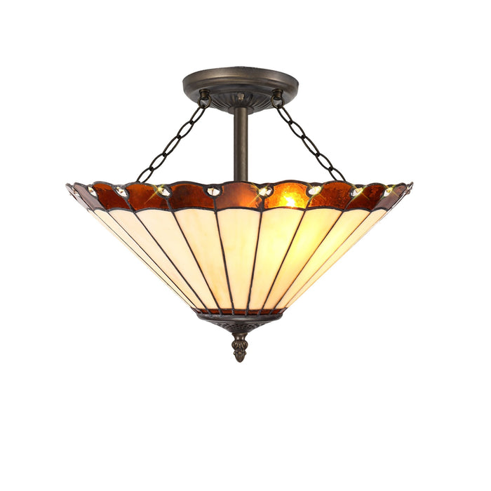 Nelson Lighting NLK02779 Umbrian 3 Light Semi Ceiling With 40cm Tiffany Shade Amber/Chrome/Crystal/Aged Antique Brass