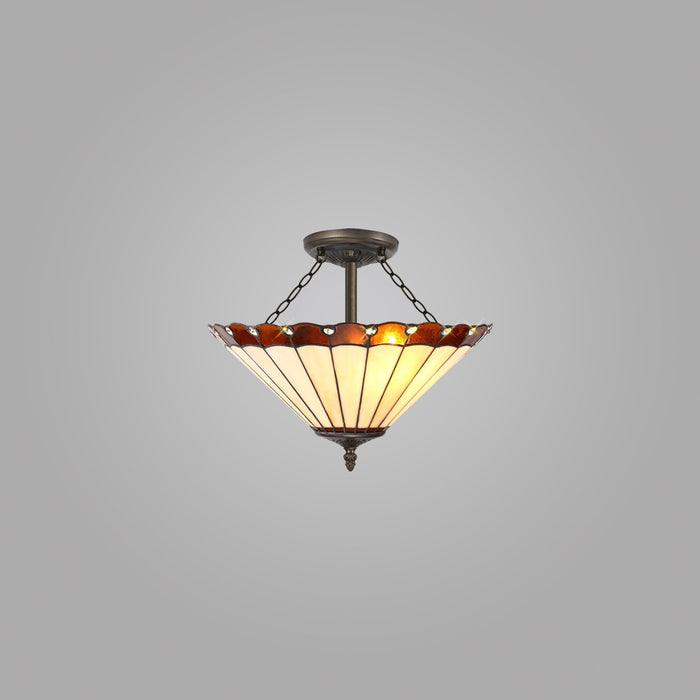 Nelson Lighting NLK02779 Umbrian 3 Light Semi Ceiling With 40cm Tiffany Shade Amber/Chrome/Crystal/Aged Antique Brass