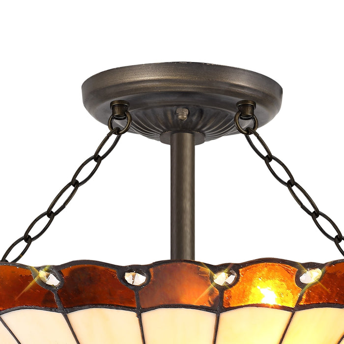 Nelson Lighting NLK02779 Umbrian 3 Light Semi Ceiling With 40cm Tiffany Shade Amber/Chrome/Crystal/Aged Antique Brass