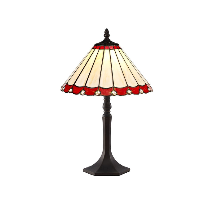 Nelson Lighting NLK02859 Umbrian 1 Light Octagonal Table Lamp With 30cm Tiffany Shade Red/Chrome/Crystal/Aged Antique Brass