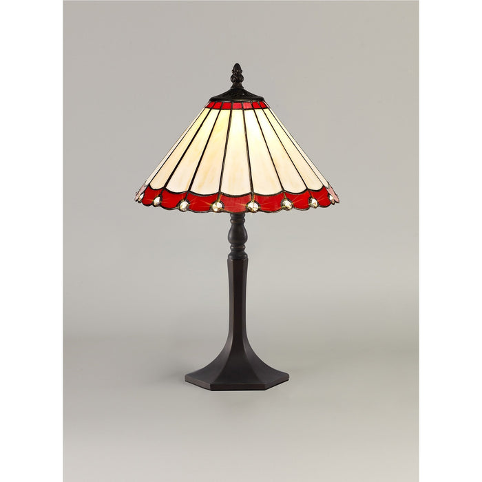 Nelson Lighting NLK02859 Umbrian 1 Light Octagonal Table Lamp With 30cm Tiffany Shade Red/Chrome/Crystal/Aged Antique Brass