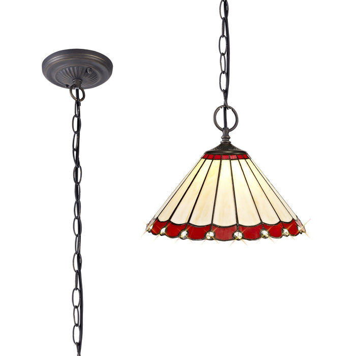 Nelson Lighting NLK02879 Umbrian 2 Light Down Lighter Pendant With 30cm Tiffany Shade Red/Chrome/Crystal/Aged Antique Brass