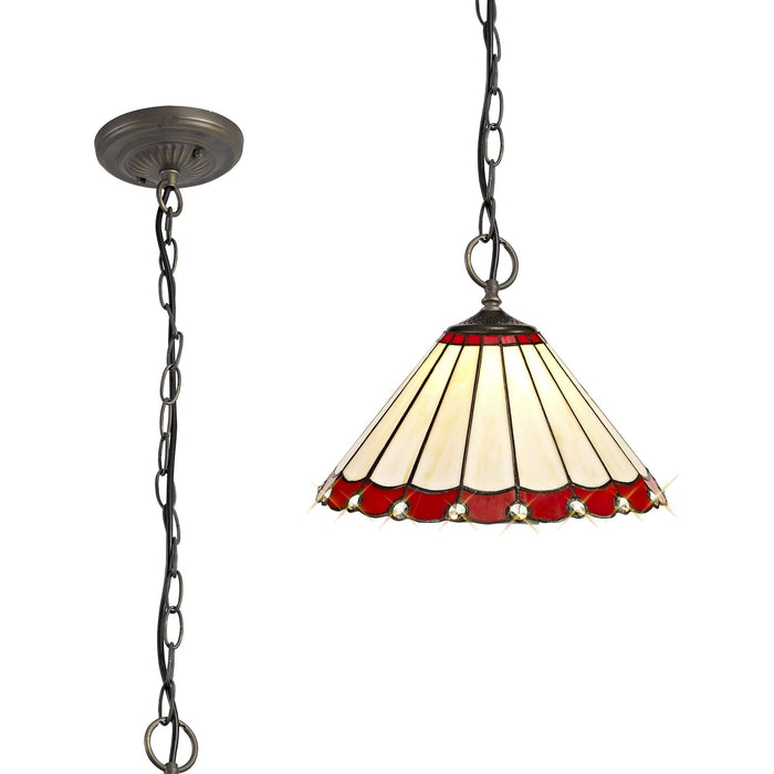 Nelson Lighting NLK02889 Umbrian 3 Light Down Lighter Pendant With 30cm Tiffany Shade Red/Chrome/Crystal/Aged Antique Brass