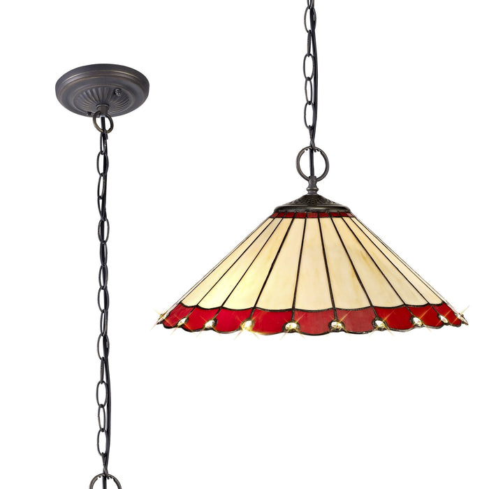 Nelson Lighting NLK02979 Umbrian 2 Light Down Lighter Pendant With 40cm Tiffany Shade Red/Chrome/Crystal/Aged Antique Brass