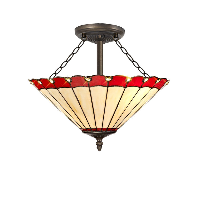 Nelson Lighting NLK02999 Umbrian 3 Light Semi Ceiling With 40cm Tiffany Shade Red/Chrome/Crystal/Aged Antique Brass