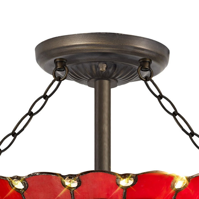 Nelson Lighting NLK02999 Umbrian 3 Light Semi Ceiling With 40cm Tiffany Shade Red/Chrome/Crystal/Aged Antique Brass