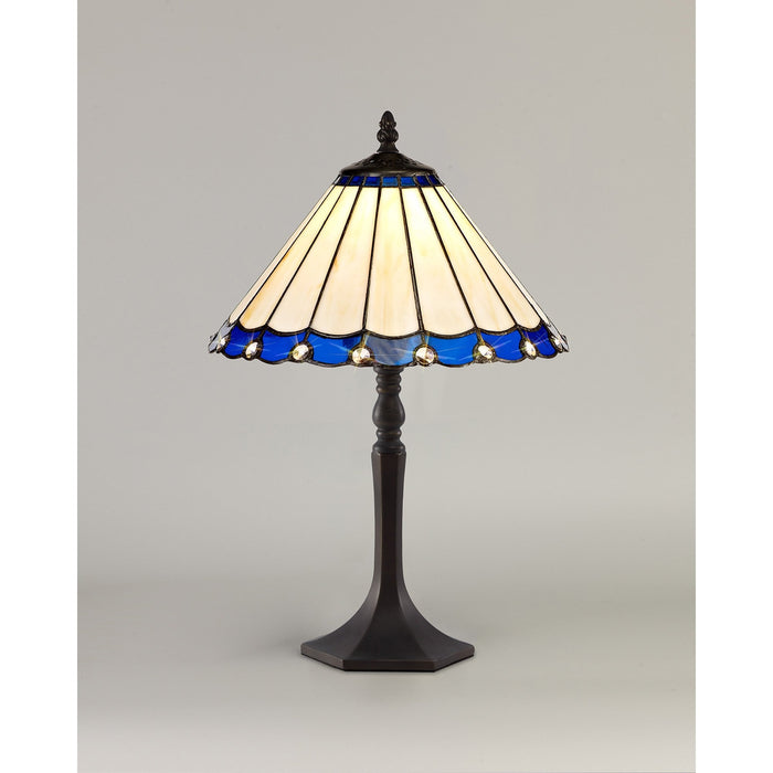 Nelson Lighting NLK03079 Umbrian 1 Light Octagonal Table Lamp With 30cm Tiffany Shade Blue/Chrome/Crystal/Aged Antique Brass