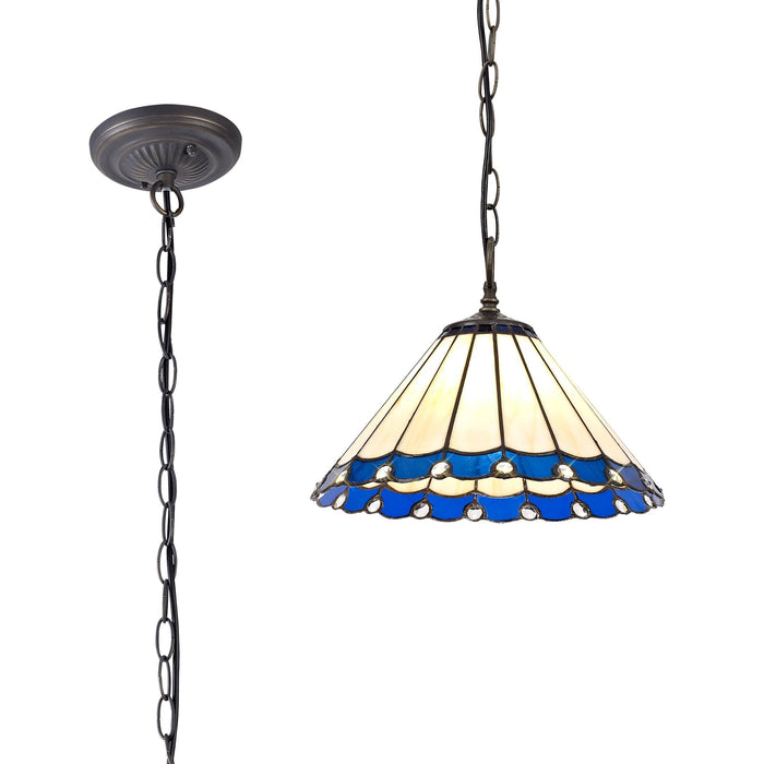 Nelson Lighting NLK03089 Umbrian 1 Light Down Lighter Pendant With 30cm Tiffany Shade Blue/Chrome/Crystal/Aged Antique Brass