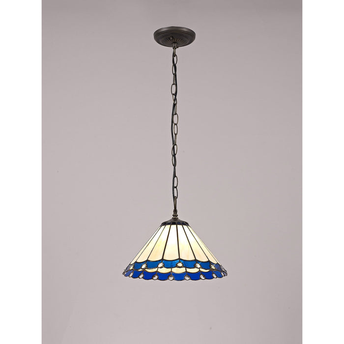 Nelson Lighting NLK03089 Umbrian 1 Light Down Lighter Pendant With 30cm Tiffany Shade Blue/Chrome/Crystal/Aged Antique Brass