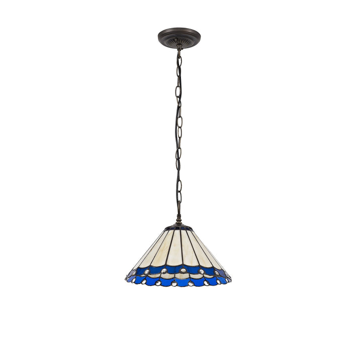 Nelson Lighting NLK03089 Umbrian 1 Light Down Lighter Pendant With 30cm Tiffany Shade Blue/Chrome/Crystal/Aged Antique Brass