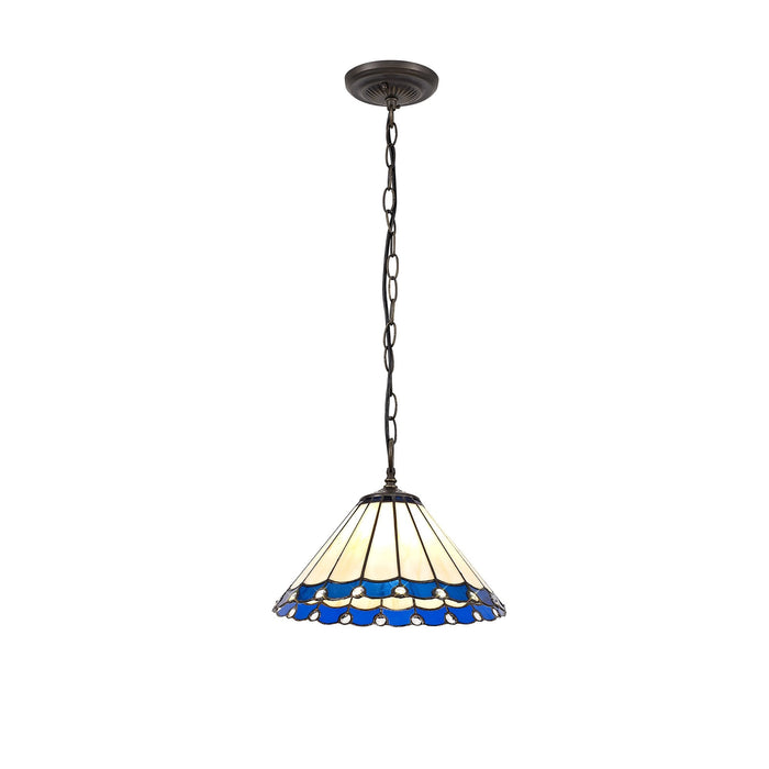 Nelson Lighting NLK03089 Umbrian 1 Light Down Lighter Pendant With 30cm Tiffany Shade Blue/Chrome/Crystal/Aged Antique Brass