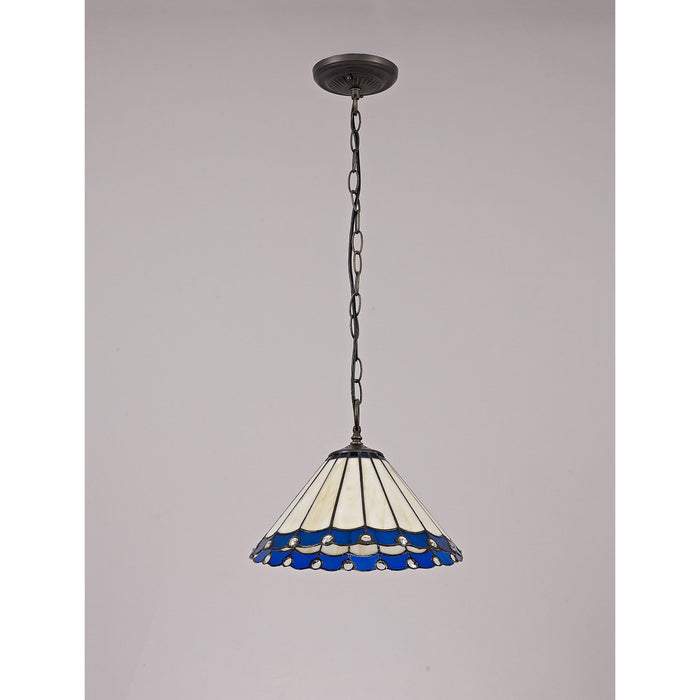 Nelson Lighting NLK03089 Umbrian 1 Light Down Lighter Pendant With 30cm Tiffany Shade Blue/Chrome/Crystal/Aged Antique Brass