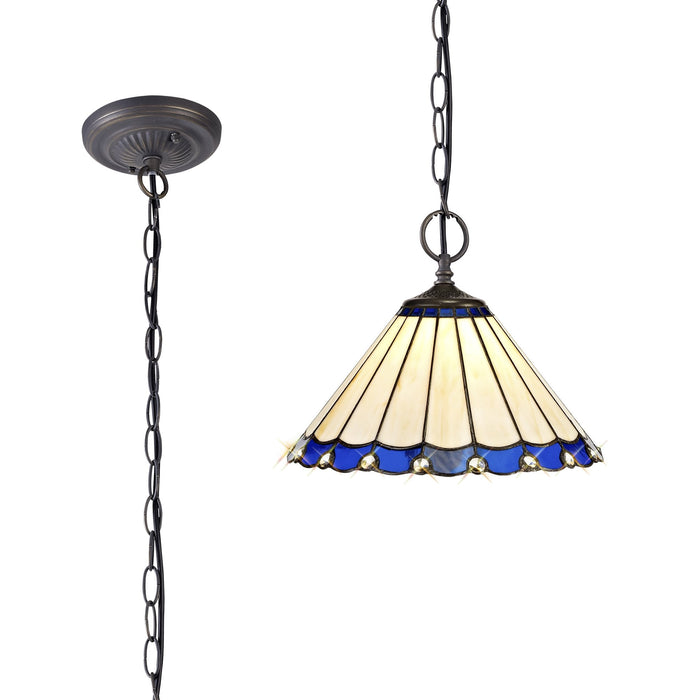 Nelson Lighting NLK03099 Umbrian 2 Light Down Lighter Pendant With 30cm Tiffany Shade Blue/Chrome/Crystal/Aged Antique Brass