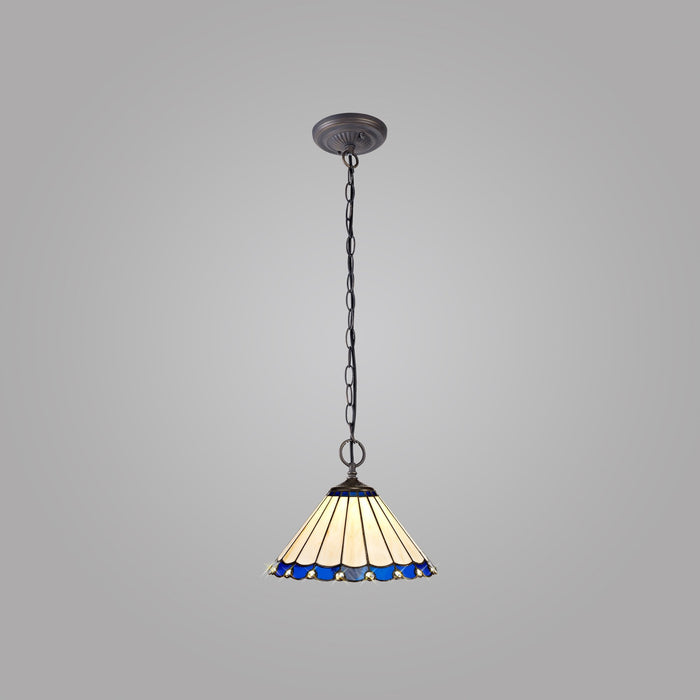 Nelson Lighting NLK03099 Umbrian 2 Light Down Lighter Pendant With 30cm Tiffany Shade Blue/Chrome/Crystal/Aged Antique Brass