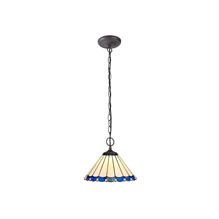 Nelson Lighting NLK03099 Umbrian 2 Light Down Lighter Pendant With 30cm Tiffany Shade Blue/Chrome/Crystal/Aged Antique Brass