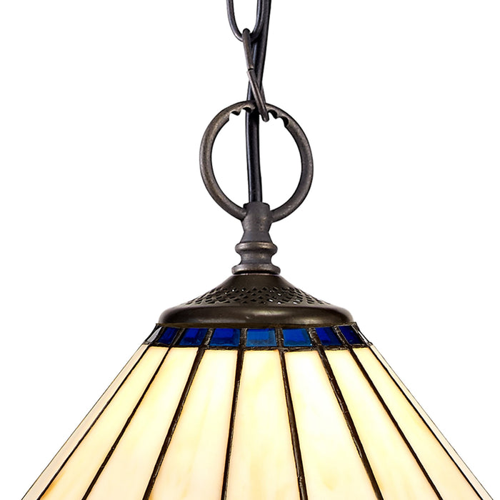 Nelson Lighting NLK03099 Umbrian 2 Light Down Lighter Pendant With 30cm Tiffany Shade Blue/Chrome/Crystal/Aged Antique Brass