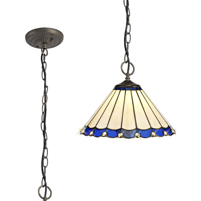 Nelson Lighting NLK03109 Umbrian 3 Light Down Lighter Pendant With 30cm Tiffany Shade Blue/Chrome/Crystal/Aged Antique Brass