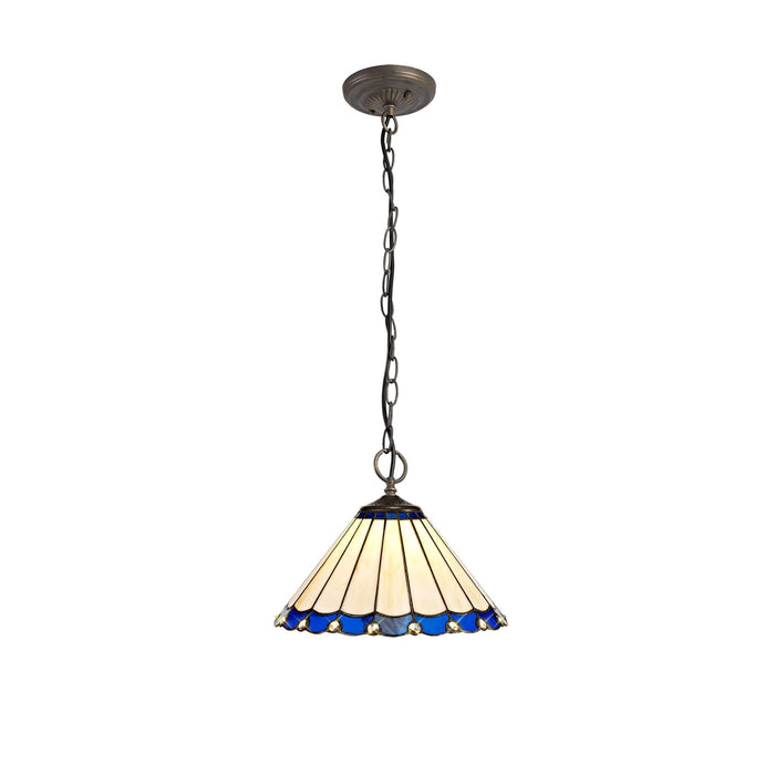 Nelson Lighting NLK03109 Umbrian 3 Light Down Lighter Pendant With 30cm Tiffany Shade Blue/Chrome/Crystal/Aged Antique Brass