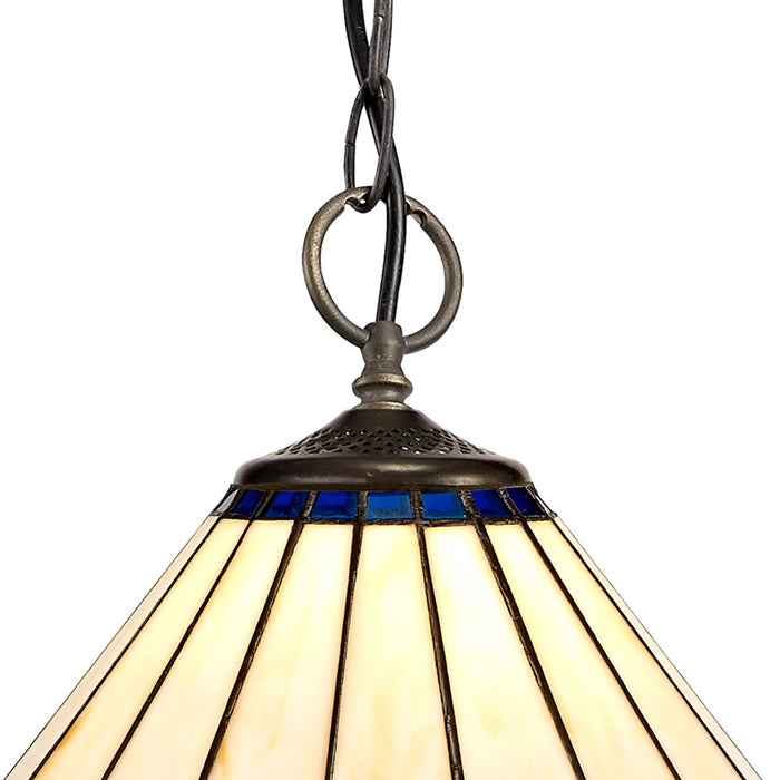 Nelson Lighting NLK03109 Umbrian 3 Light Down Lighter Pendant With 30cm Tiffany Shade Blue/Chrome/Crystal/Aged Antique Brass