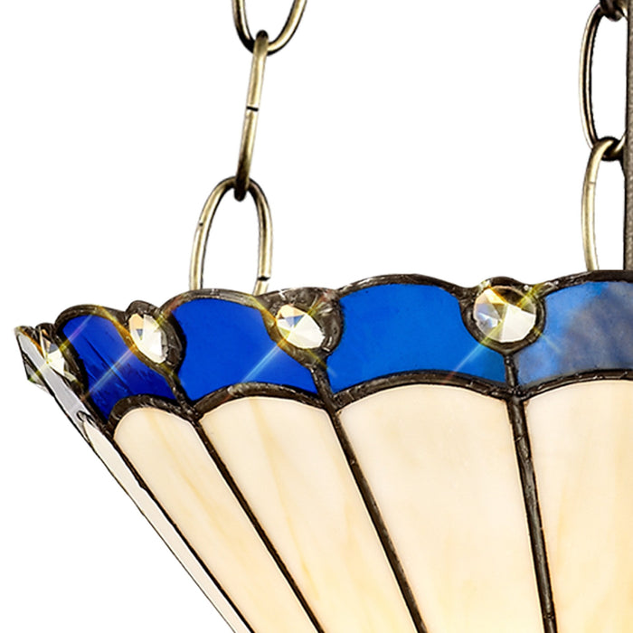 Nelson Lighting NLK03149 Umbrian 3 Light Up Lighter Pendant With 30cm Tiffany Shade Blue/Chrome/Crystal/Aged Antique Brass