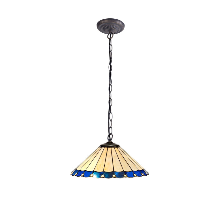 Nelson Lighting NLK03189 Umbrian 1 Light Down Lighter Pendant With 40cm Tiffany Shade Blue/Chrome/Crystal/Aged Antique Brass