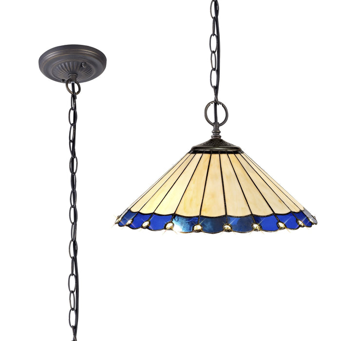 Nelson Lighting NLK03199 Umbrian 2 Light Down Lighter Pendant With 40cm Tiffany Shade Blue/Chrome/Crystal/Aged Antique Brass