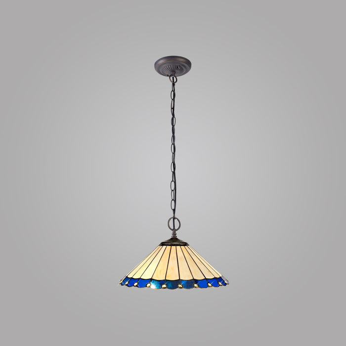 Nelson Lighting NLK03199 Umbrian 2 Light Down Lighter Pendant With 40cm Tiffany Shade Blue/Chrome/Crystal/Aged Antique Brass