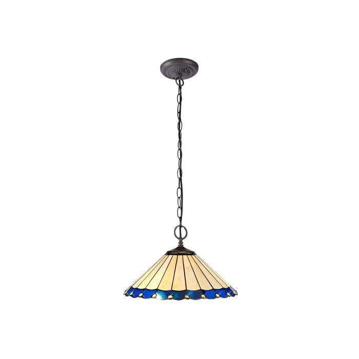 Nelson Lighting NLK03199 Umbrian 2 Light Down Lighter Pendant With 40cm Tiffany Shade Blue/Chrome/Crystal/Aged Antique Brass