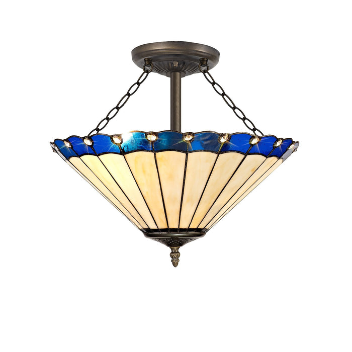 Nelson Lighting NLK03219 Umbrian 3 Light Semi Ceiling With 40cm Tiffany Shade Blue/Chrome/Crystal/Aged Antique Brass