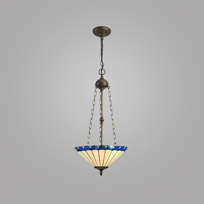 Nelson Lighting NLK03229 Umbrian 3 Light Up Lighter Pendant With 40cm Tiffany Shade Blue/Chrome/Crystal/Aged Antique Brass