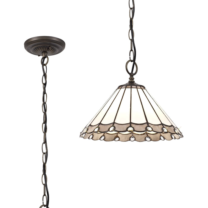 Nelson Lighting NLK03309 Umbrian 1 Light Down Lighter Pendant With 30cm Tiffany Shade Grey/Chrome/Crystal/Aged Antique Brass